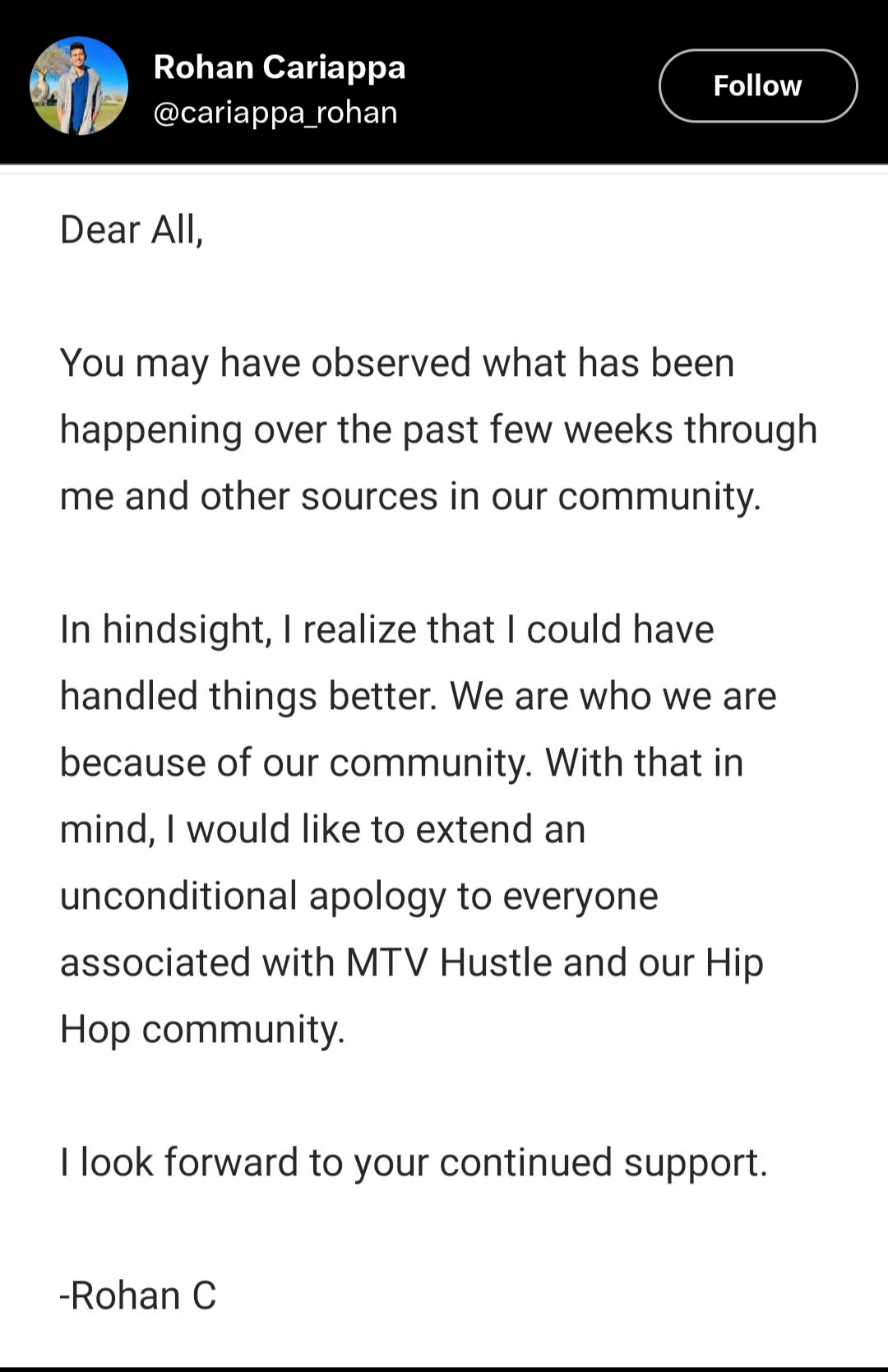 Rohan Cariappa Apologizes Statement Via Twitter